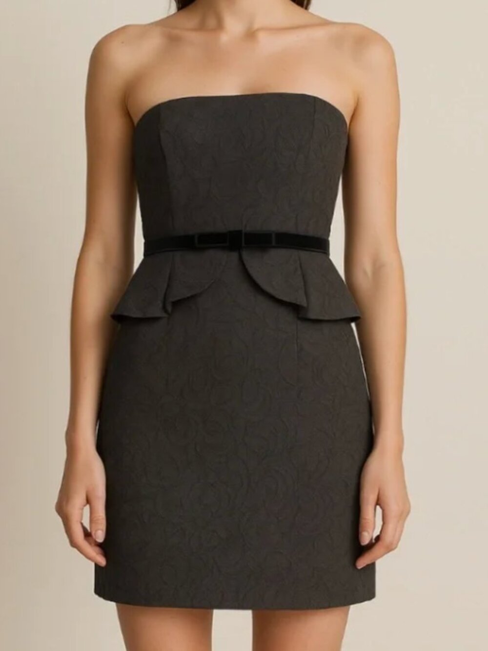 WHBM Brocade Black Strapless Dress Size 6P S Peplum Velvet Belt